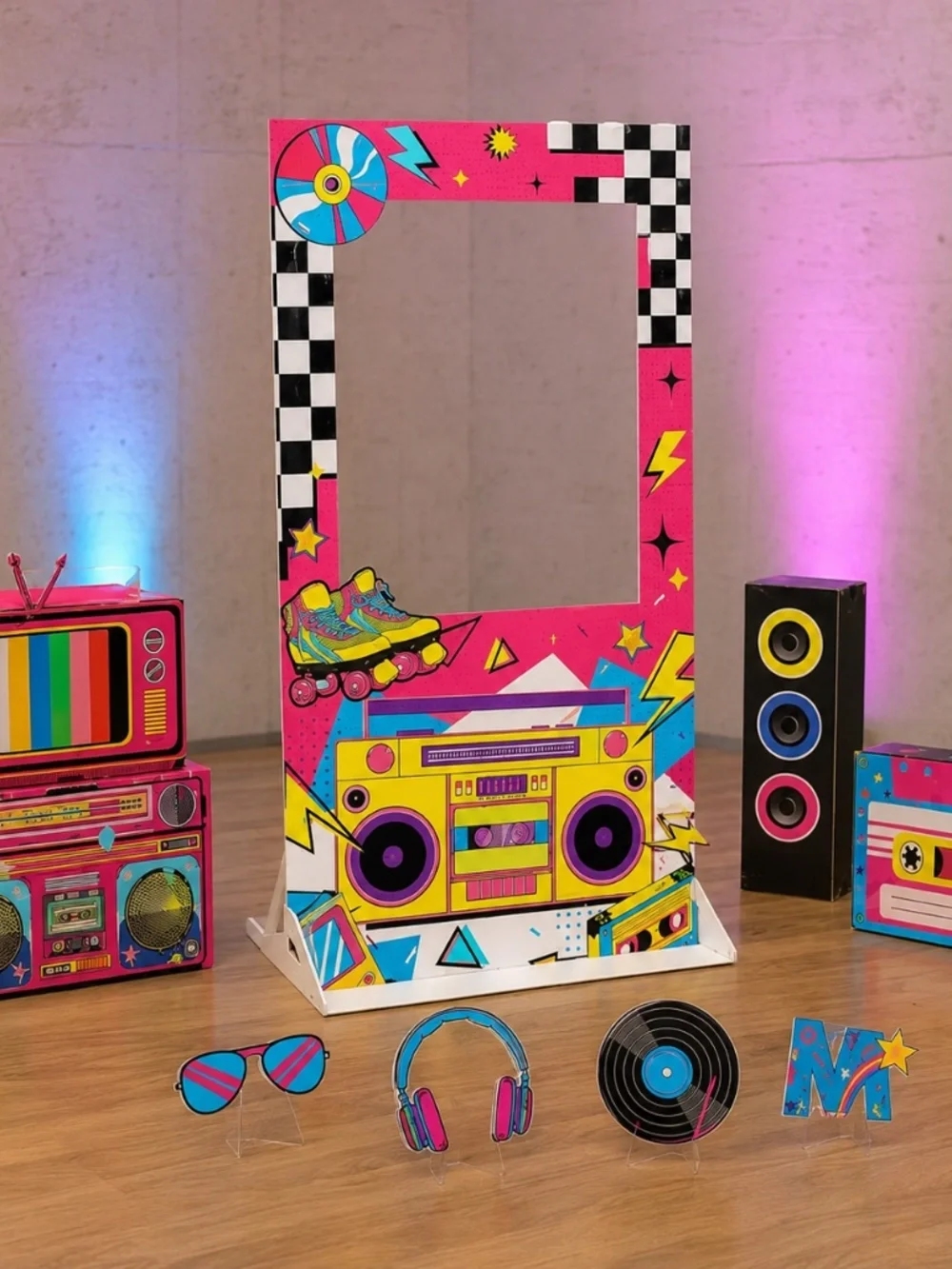 80s 90s Party Decorations 9pc Photo Booth Props + 7x5ft Backdrop New